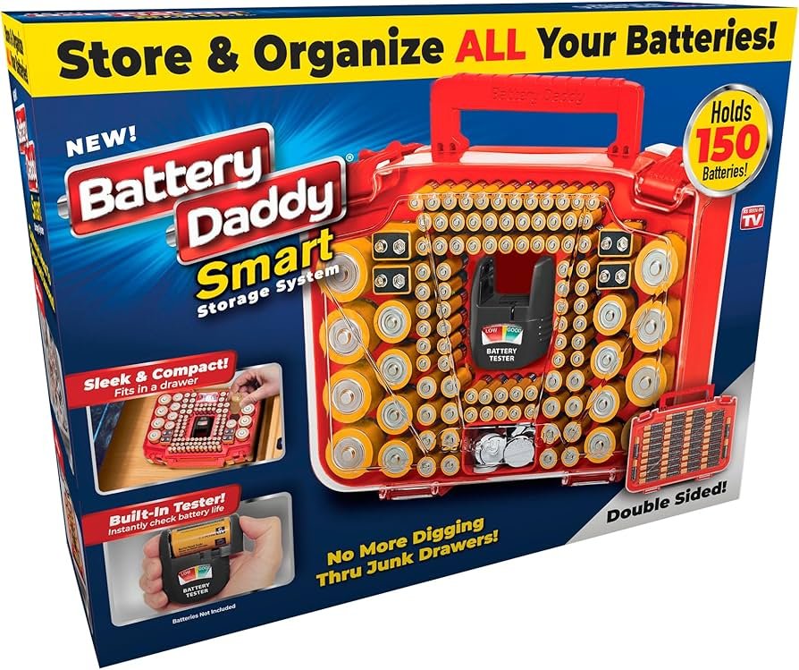 Battery Daddy Smart battery storage system holding organized batteries